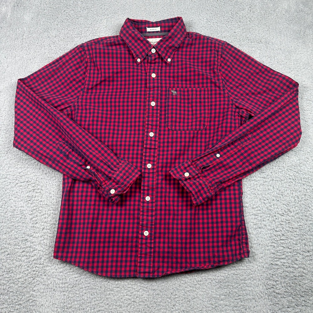 Abercrombie & Fitch Muscle Fit Button Down Shirt Mens Medium Red Navy Gingham